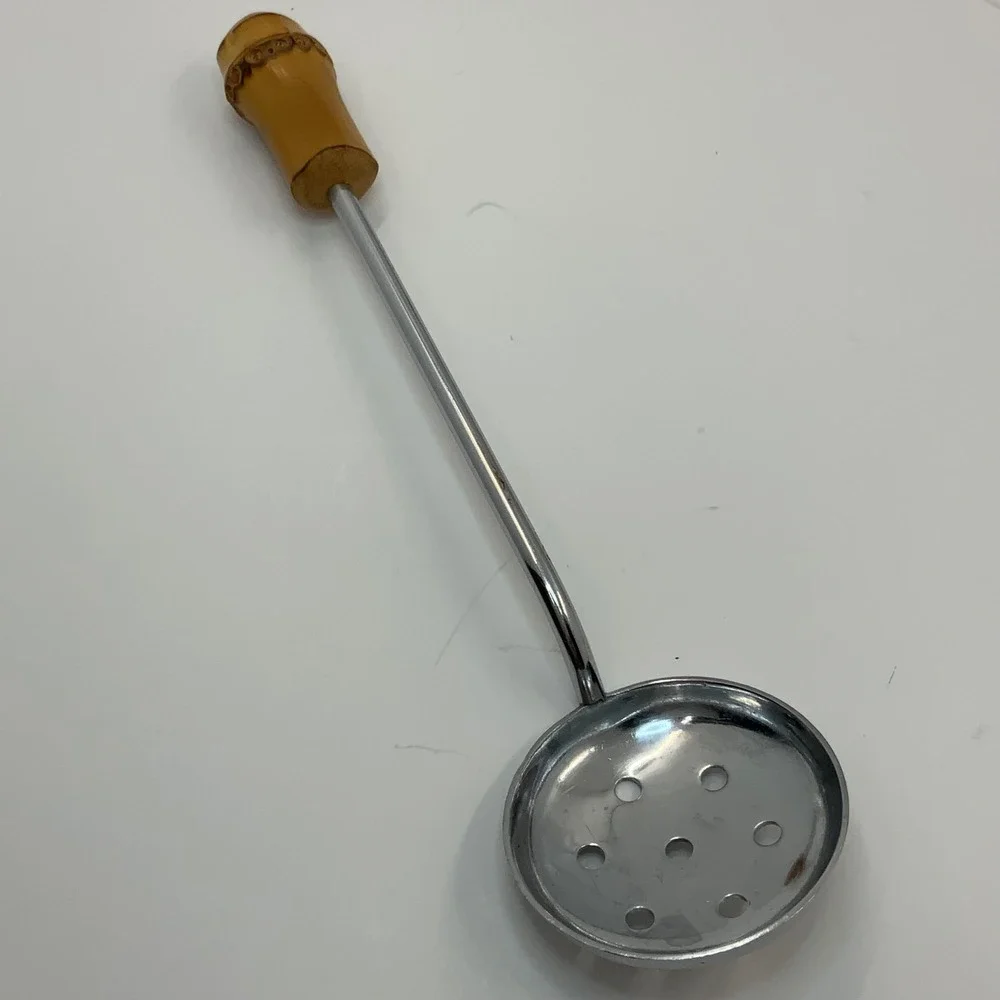 Vintage Bamboo Handle Perforated Olive Spoon Chrome 8.5in‎